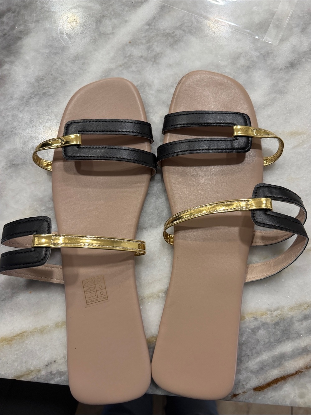 Women's Black and Gold Strappy Slide Sandals size 11